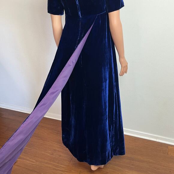 Vintage 60s Blue‎ Velvet Empire Waist Maxi Dress // Size XS - Picture 5 of 8
